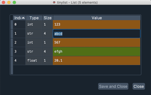 List editor displaying a list, showing one being edited